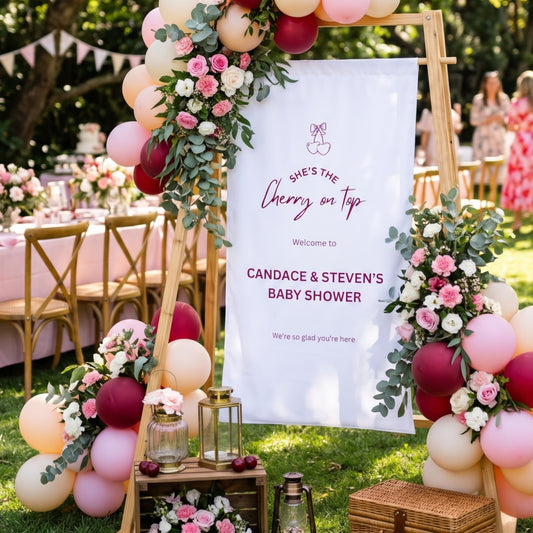 Cherry On Top Baby Shower Sign | Personalised 1.1m Wide Fabric Banner