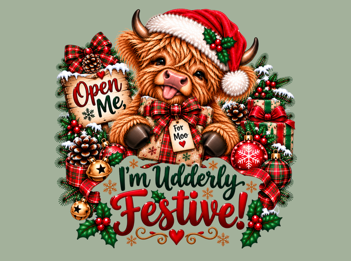 I'm Udderly Festive highland cow Christmas design by By Delilah