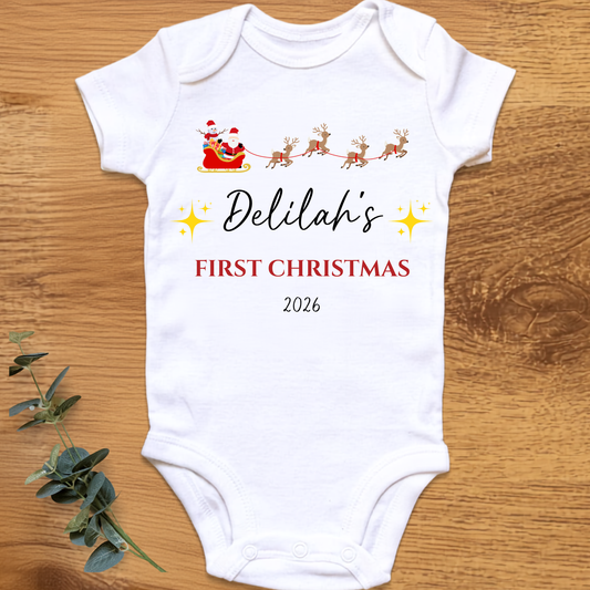 Personalised Santa and sleigh My First Christmas baby bodysuit by By Delilah