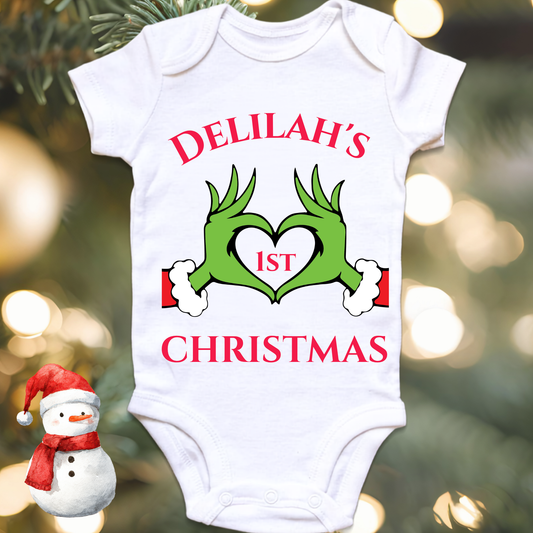 Heart personalised Christmas baby onesie by By Delilah