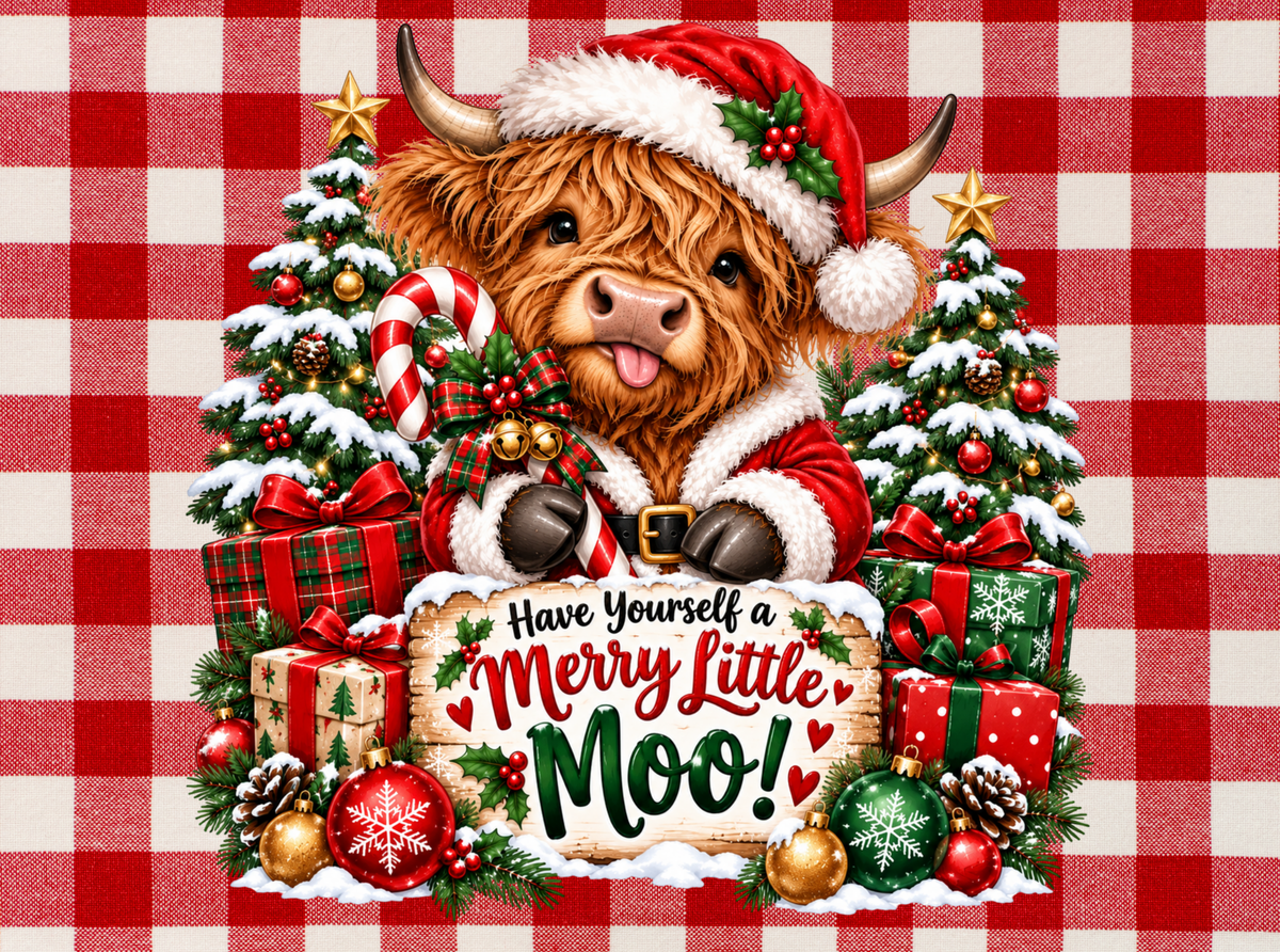 Have Yourself a Merry Little Moo highland cow Christmas design by By Delilah