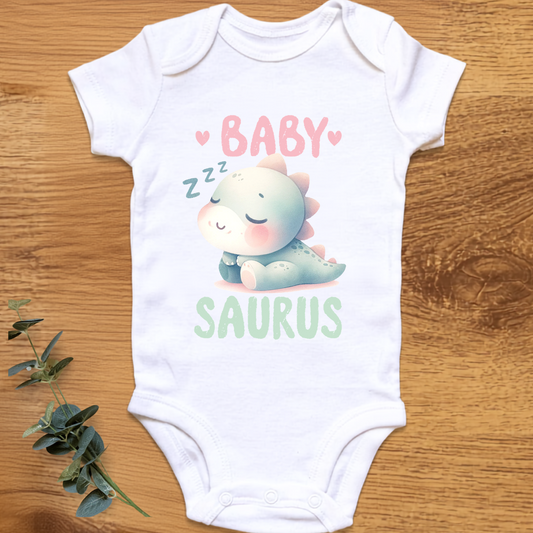 Baby Saurus sleeping baby onesie by By Delilah