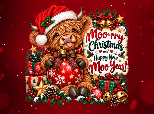 Moo-ry Christmas and Happy New Moo Year highland cow design by By Delilah