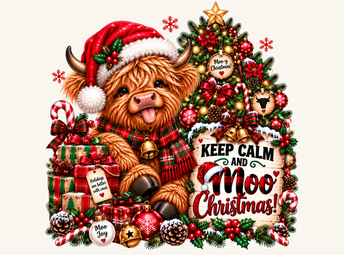 Keep Calm and Moo Christmas highland cow design by By Delilah