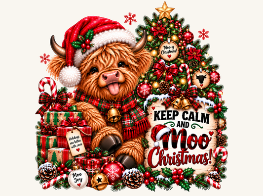 Keep Calm and Moo Christmas highland cow design by By Delilah
