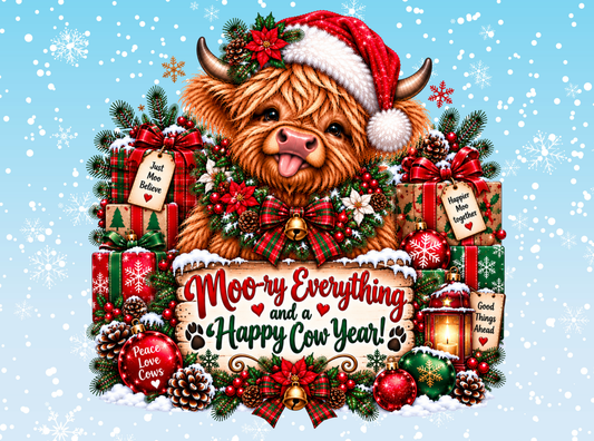Moo-ry Everything and Happy Cow Year highland cow design by By Delilah