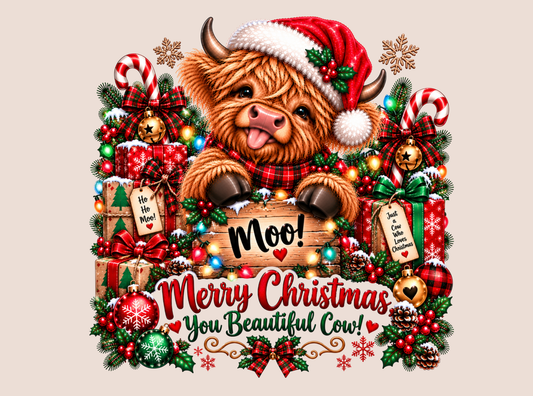 Moo! Merry Christmas You Beautiful Cow highland cow design by By Delilah