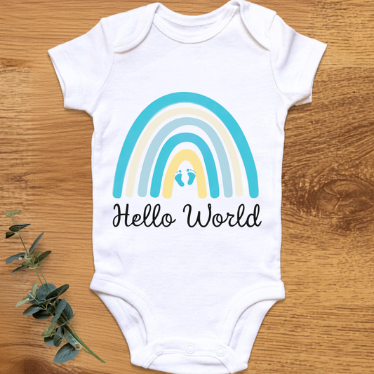 Hello World baby boy onesie by By Delilah