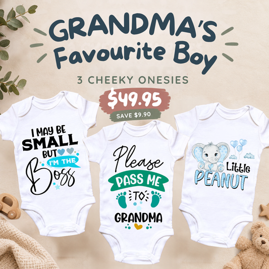Grandma's Favourite Boy 3 piece baby onesie set by By Delilah