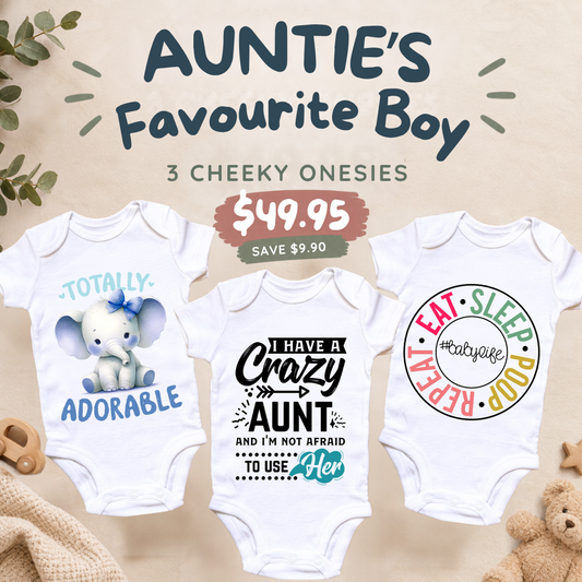 Auntie's Favourite Boy 3 piece baby onesie set by By Delilah