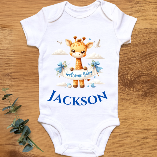 Welcome baby boy onesie with giraffe, personalised by By Delilah