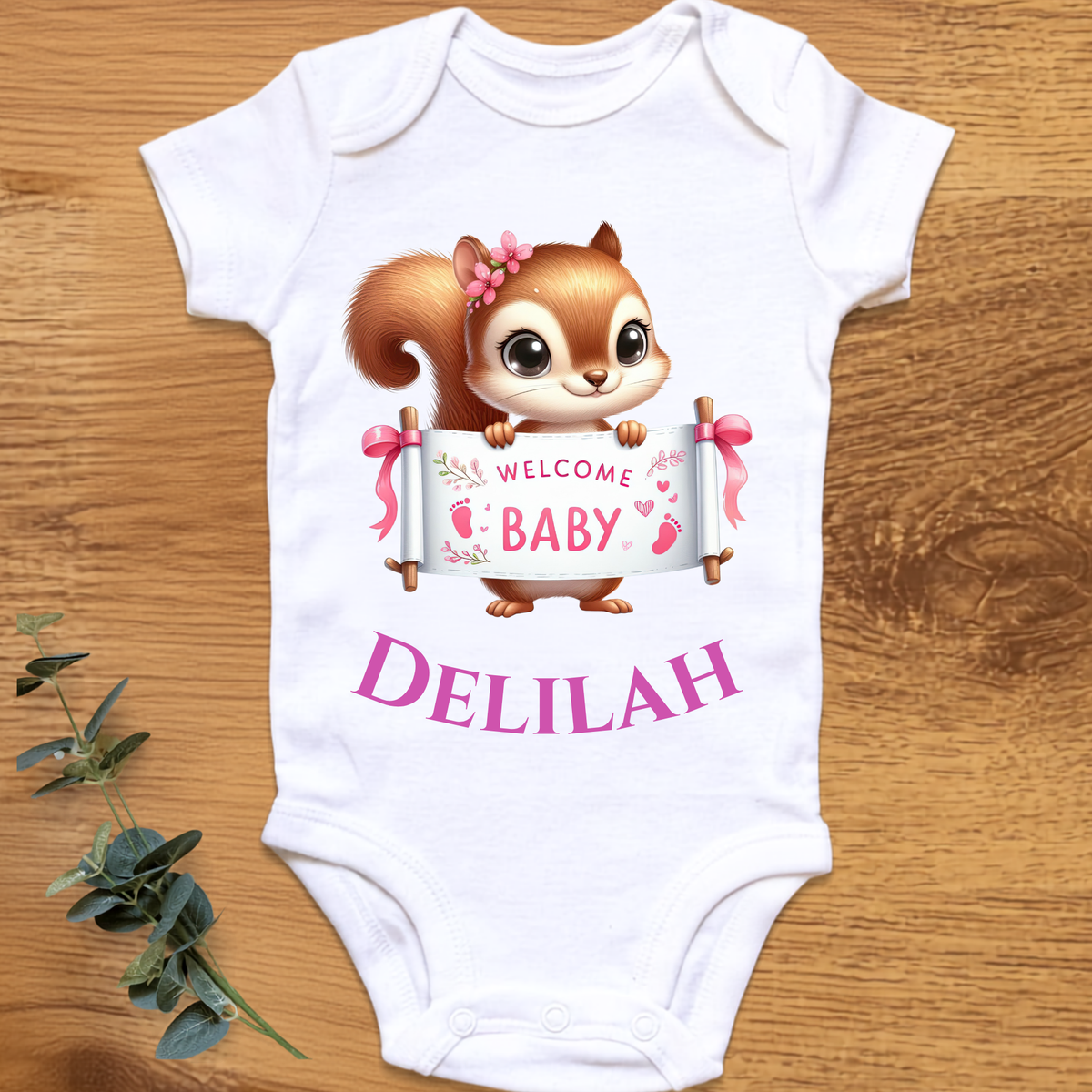 Welcome baby girl onesie with squirrel, personalised by By Delilah