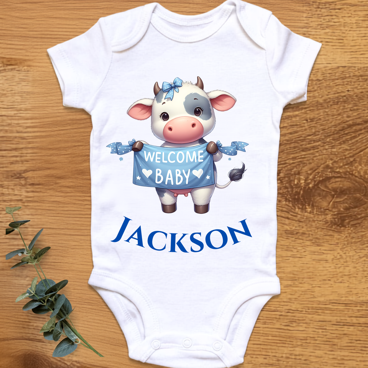 Welcome baby boy onesie with cow, personalised by By Delilah