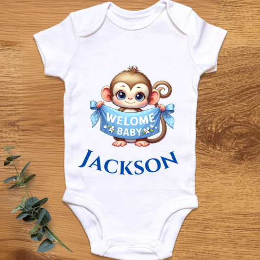 Welcome baby boy onesie with monkey, personalised by By Delilah