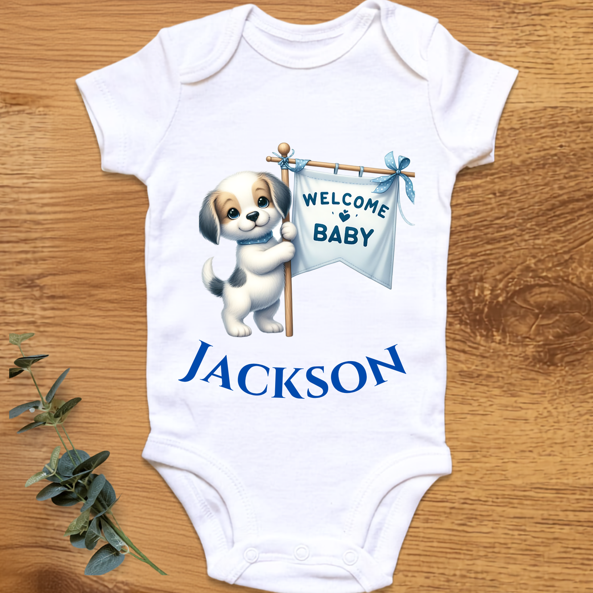 Welcome baby boy onesie with dog, personalised by By Delilah