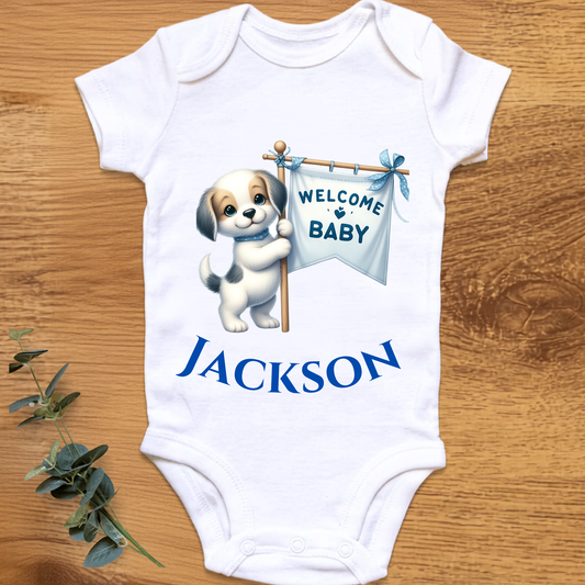 Welcome baby boy onesie with dog, personalised by By Delilah