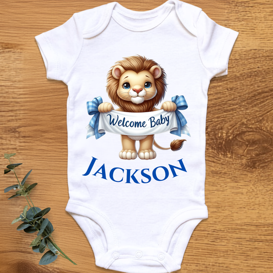 Welcome baby boy onesie with lion, personalised by By Delilah