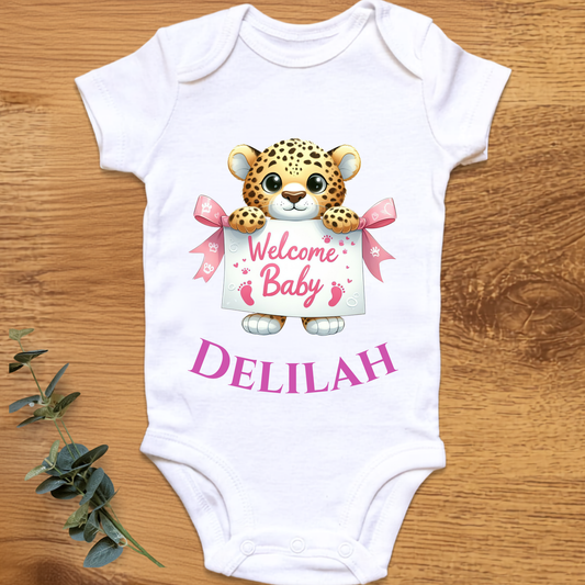 Welcome baby girl onesie with cheetah, personalised by By Delilah