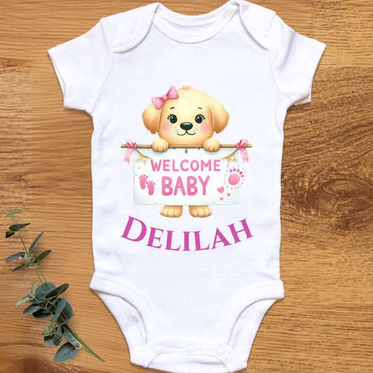 Welcome baby girl onesie with dog, personalised by By Delilah