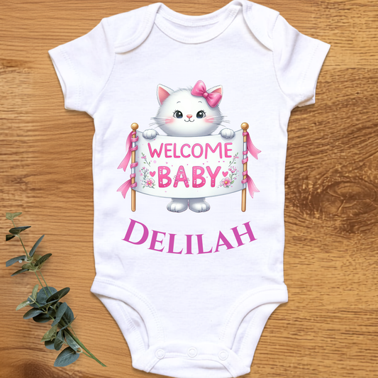 Welcome baby girl announcement onesie, personalised by By Delilah