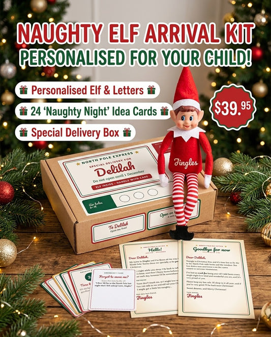 Personalised Naughty Elf Arrival Kit | Christmas Elf with Name + 24 Night Ideas